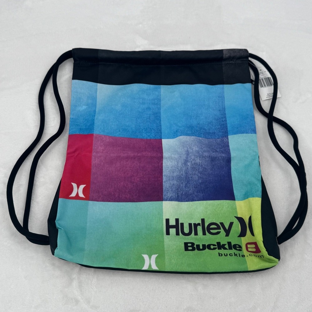 NEW Hurley X Buckle Drawstring Cinch Bag Multicolor Ombre Grid Print Backpack